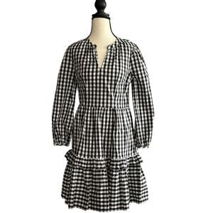 J.Crew Spiro Black Gingham Cotton Tiered Dress XS Mini Puff Sleeve Cottagecore